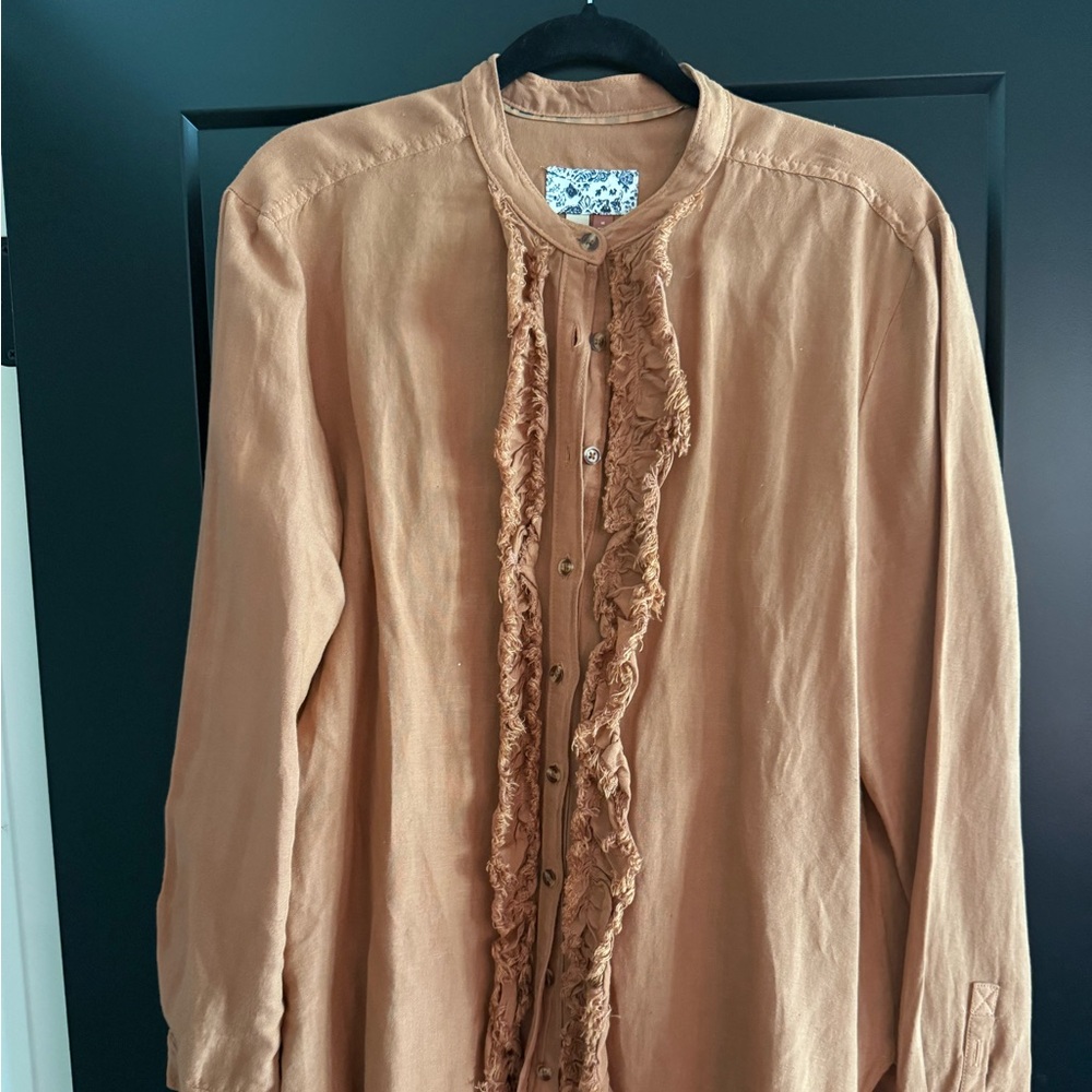Anthropologie Pilcro Button Down Ruffle Placket Shirt Size M Linen Brown Honey